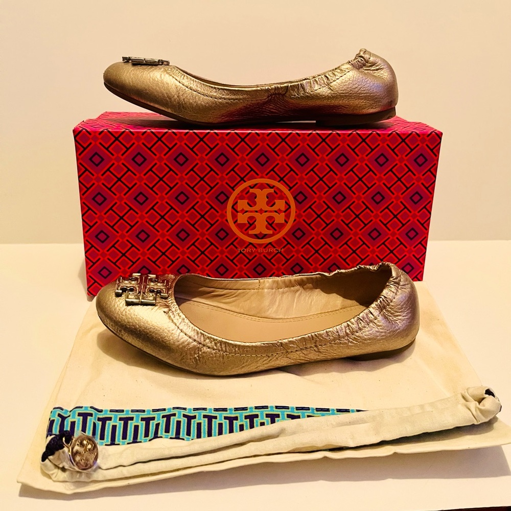 Authentic Tory Burch Melinda Ballet Platinum Tumbled Leather Shoes